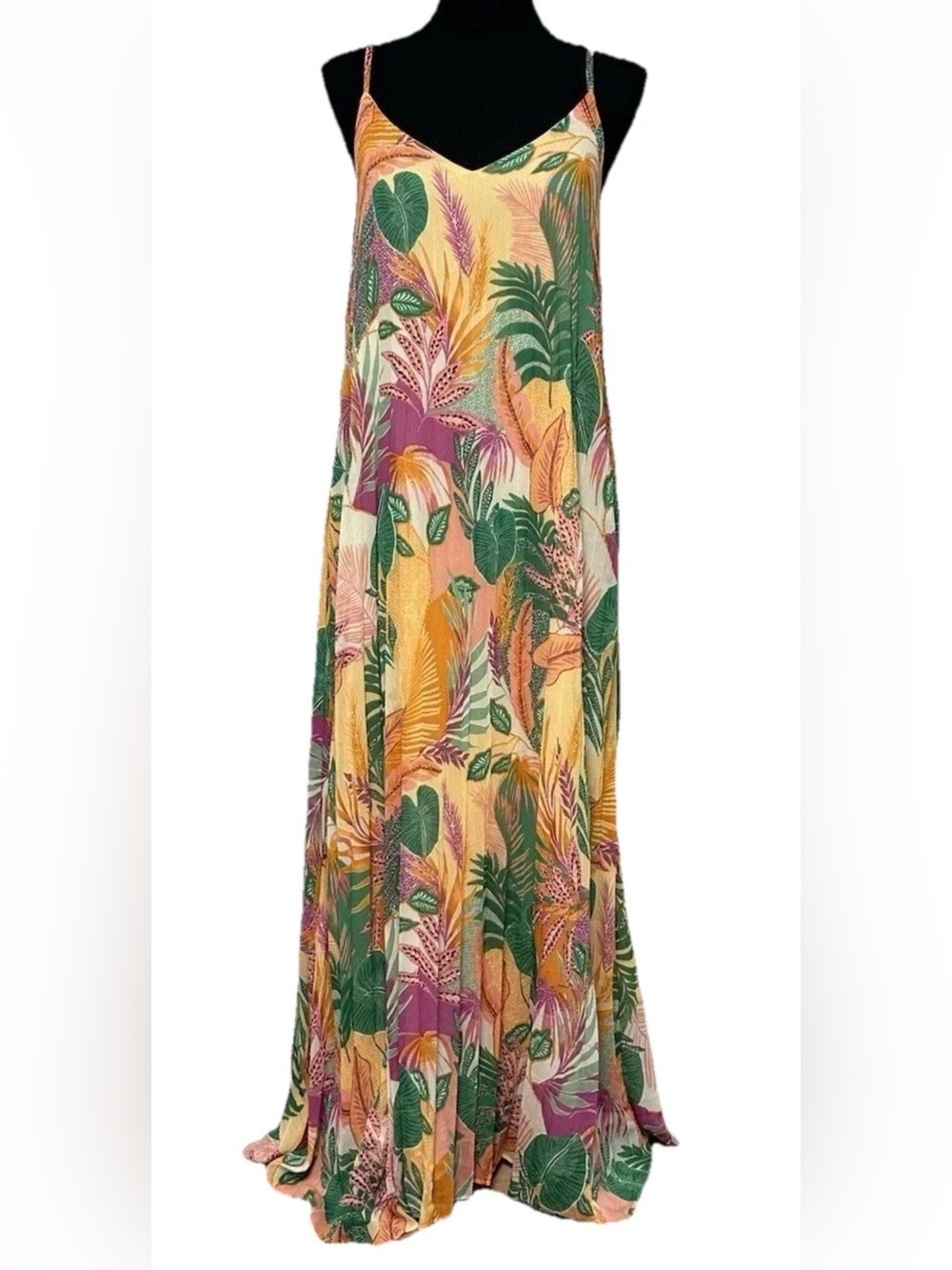 SKIES ARE BLUE Tropical Pink Guava Printed Pleated Maxi Dress Size XS